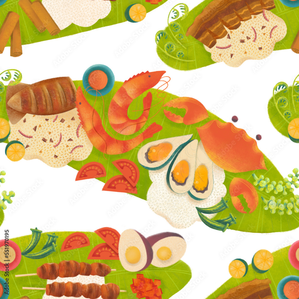 Filipino boodle fight food spread with seafood and meat spreads on separate banana leaves illustrated pattern