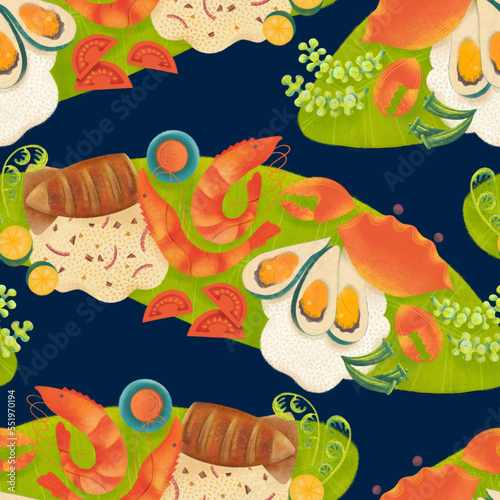 Filipino boodle fight food spread with seafood, rice, seaweed, and vegetables on banana leaves illustrated pattern on dark blue background photo