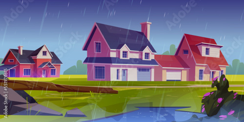 Rainy weather in countryside. Cartoon vector illustration of cottage houses in small village or suburb town with green landscape, water puddle, stones, broken tree and blooming bush under dull sky