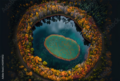aerial photo of a lake in a park filled with changing leaves amazing aerial fly over the ocean above Kishinev, Moldova, in the daylight. Generative AI