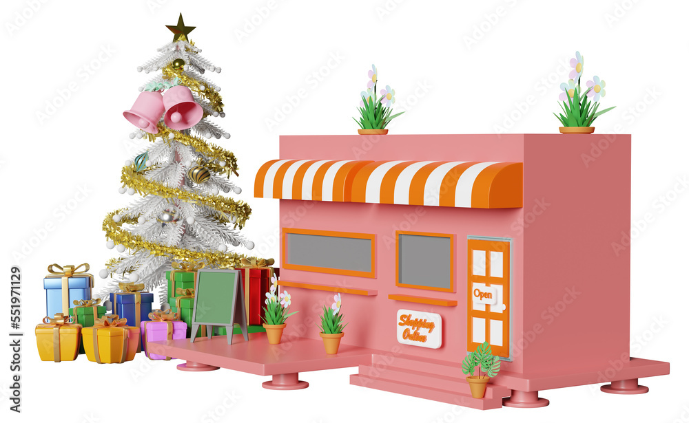 shop store front with mobile phone, smartphone, christmas tree, gift box isolated. startup franchise business, happiness cards, festive New Year concept, 3d illustration, 3d render
