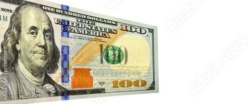 Isolated 100 dollar bill close up front view.One hundred dollar bill