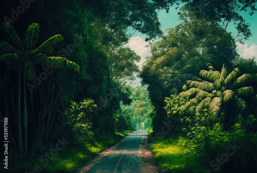 long road bordered by lush vegetation. Generative AI