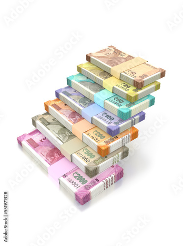 Indian Rupee Currency Note Bundles in Shape of Ladder Stairs, isolated on White Background - 3D Illustration