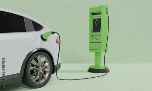 Electric car power cable plugged into car charging station.Electric vehicle with charger Plug.EV concept.green energy.3D rendering illustration.