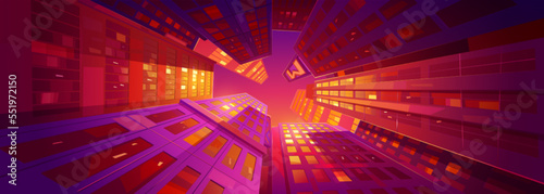 Sunset city low angle view at skyscrapers against purple sky reflects in glass windows. High buildings upwards, highrise urban architecture with evening dusk vibrant light, Cartoon vector illustration