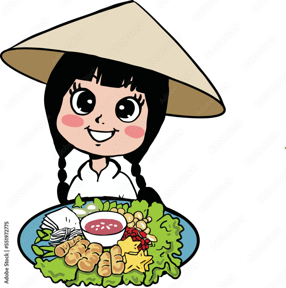 cartoon girl with delicious vietnamese food.eps
