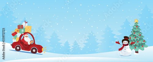 Christmas banner with save space, Santa Claus in car with gifts, snowman with fir tree in winter snowy forest. Vector flat cartoon.