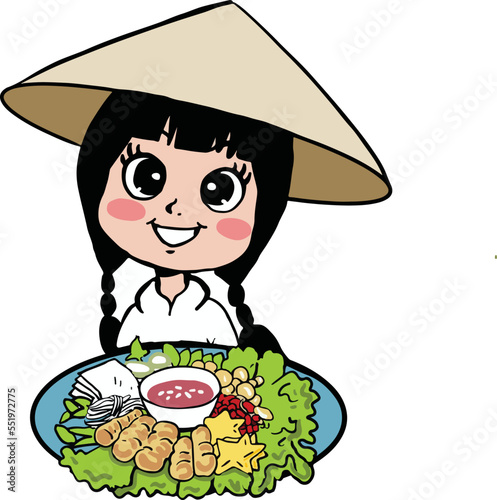 cartoon girl with delicious vietnamese food.eps 