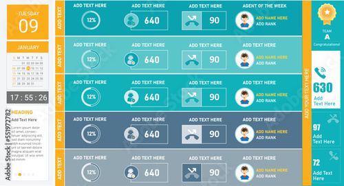 Skills, Process, Team Comparison Dashboard Design showing calendar,  news slider, timings, percentage loader, missed abandoned calls, top-performing agent, winning team, calls offered, abandoned. 