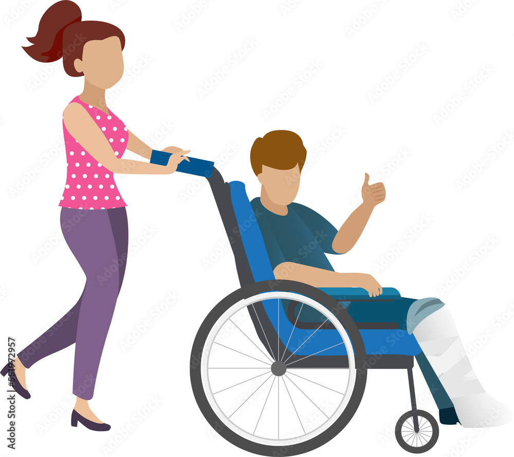 Woman with broken leg man in plaster cast on wheelchair. Medical and health insurance concept. People character PNG side view. Woman with broken leg man in plaster cast on wheelchair. Medical and health insurance concept. People character PNG side view.