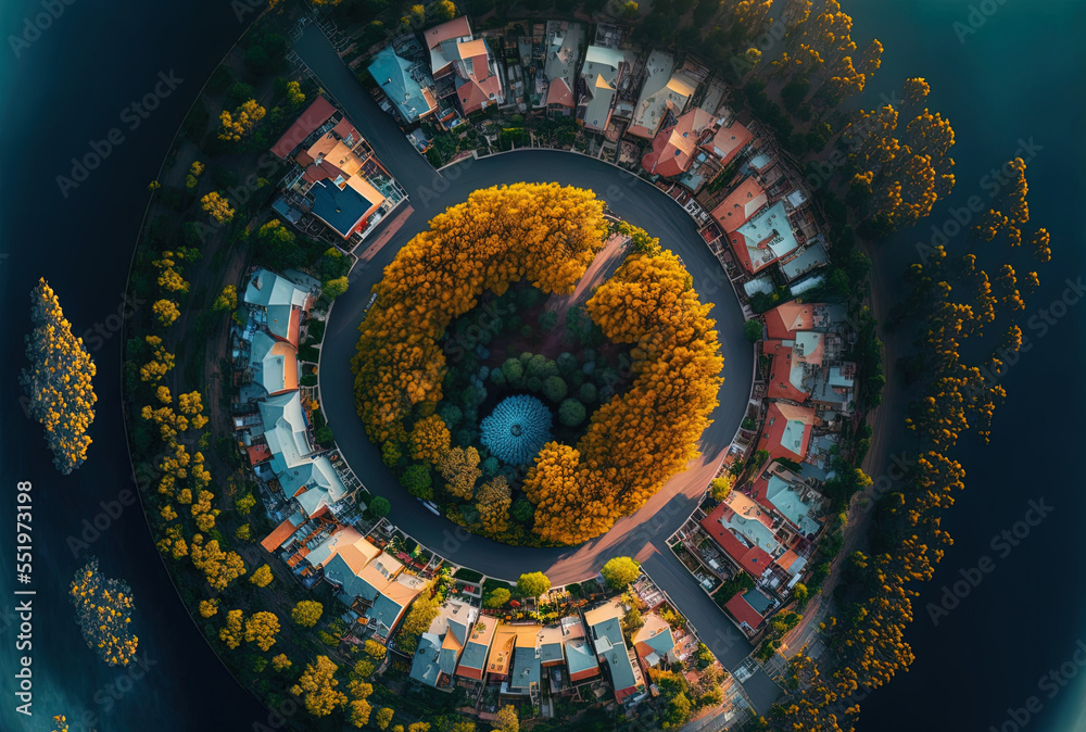 aerial view of vibrant structures encircled by trees. Generative AI