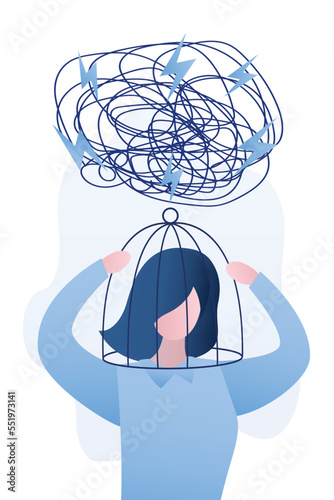 Cage on woman head. Problems with psychology. Mental, emotional stress. Business woman troubles with think logically, limited thinking. Problem with creativity. Burnout.