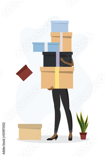 Shopaholism addiction. Faceless female character holds very much shopping or gift boxes after shopping. Psychological problem. Woman customer holds various colorful boxes.