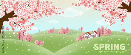 Tela Spring banner with sakura tree and house on hillside