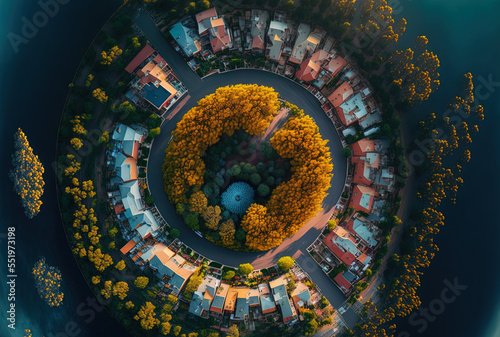 aerial view of vibrant structures encircled by trees. Generative AI
