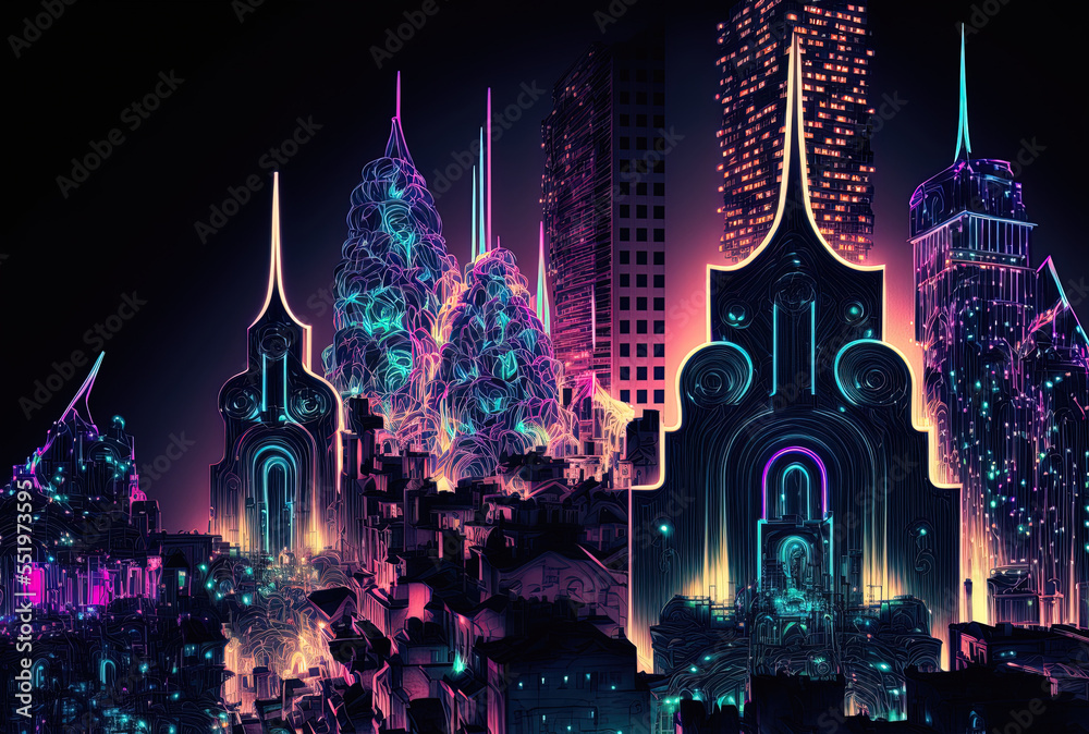 Fototapeta premium Neon digital city multiverse tracery. Generative AI