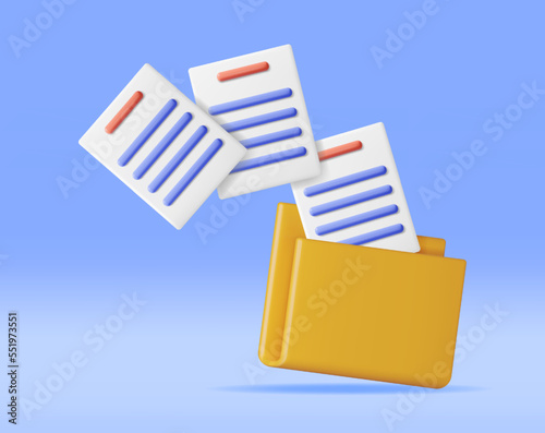 3D Business Folder Full of Papers Isolated on White. Render Yellow Folder for Correspondence, Concept of File Transfer, Document Migration, Remote Access to Encrypted Documents. Vector Illustration