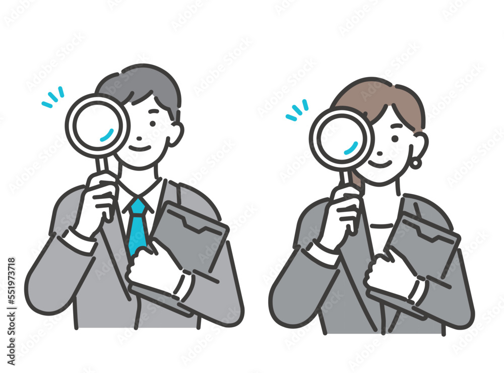 虫眼鏡とバインダーを持つスーツ姿の会社員のベクターイラスト素材/ビジネス/ビジネスパーソン/人々 虫眼鏡とバインダーを持つスーツ姿の会社員のベクターイラスト素材/ビジネス/ビジネスパーソン/人々