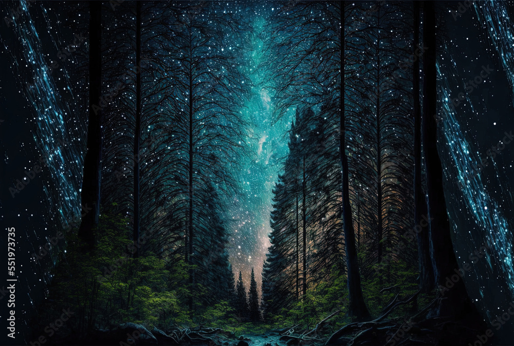 Fototapeta premium of a forest scene with a starry sky. Generative AI