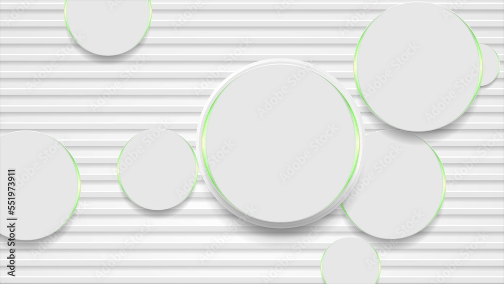 Grey paper stripes and circles with green glowing lights background