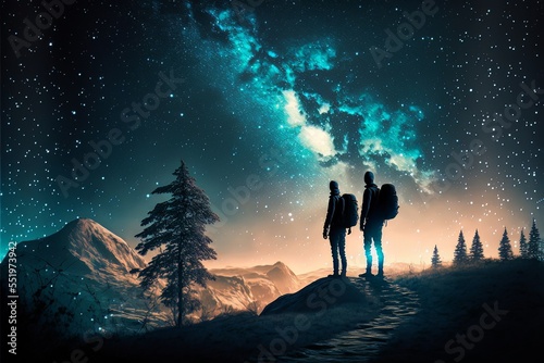 Illustration of Two Hikers Watching the Starry Sky