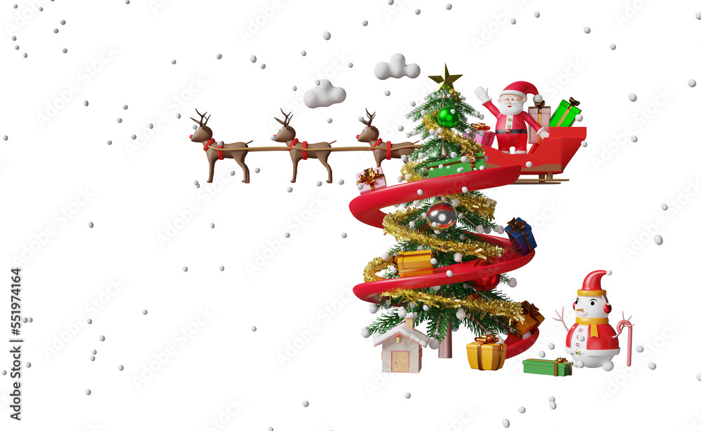 Fototapeta premium santa claus with reindeer sleigh, gift box, christmas tree, snowman isolated. website or poster or Happiness cards, banner and festive New Year, 3d illustration or 3d render