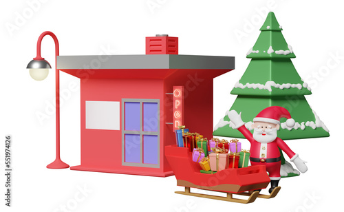 shop store front with christmas tree  gift box  sleigh  Santa claus isolated. startup franchise business  happiness cards  festive New Year concept  3d illustration  3d render