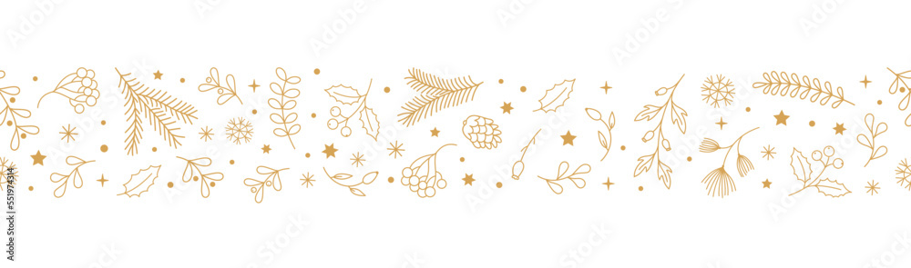 Fototapeta premium Christmas hand drawn horizontal seamless border with winter branches, holly, mistletoe, snowflakes, berries. Festive design, great for decorations, prints, postcards.