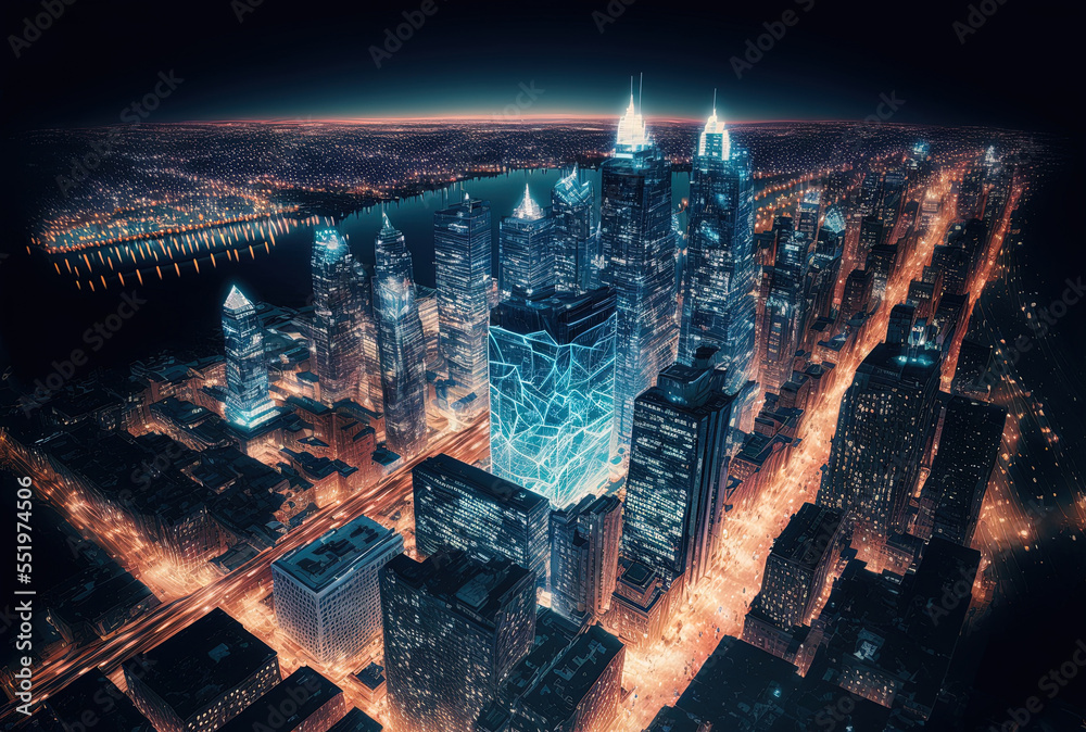 Aerial view of the financial district of Philadelphia, Pennsylvania, at night in the United States, with a decentralized economy, blockchain, and hologram. Generative AI