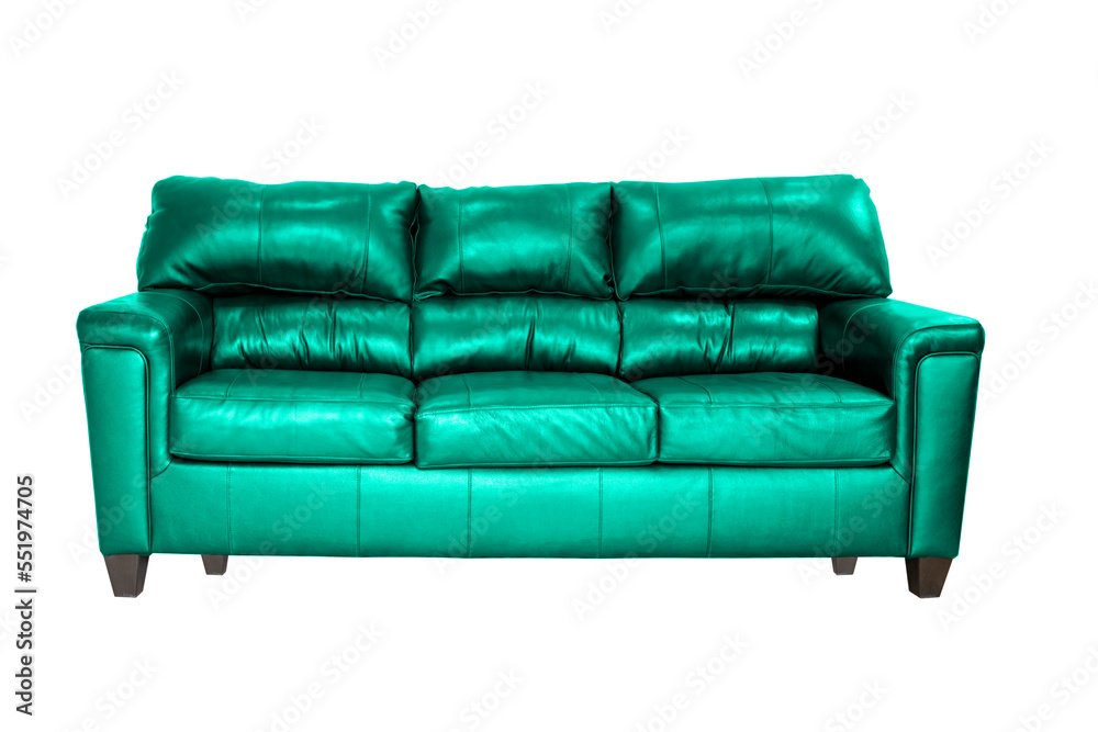 Teal leather sofa isolated. Loft furniture. Big teal leather couch on the white background Teal leather sofa isolated. Loft furniture. Big teal leather couch on the white background