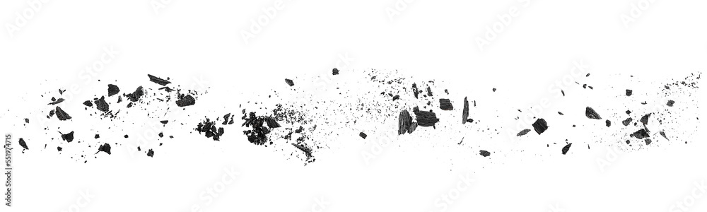 Charcoal dust scattered isolated on a white background, top view. Wooden charcoal. Black coal powder. Charcoal dust scattered isolated on a white background, top view. Wooden charcoal. Black coal powder.