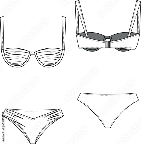 women lingerie and swimwear drawing, shirring detail , bikini design