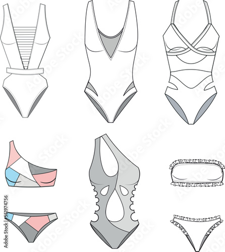 women swimwear overwiev, sets of swimsuits and bikini, cutout, tulle, ruffle, patchwork, bias