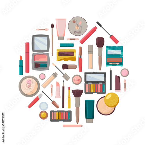 A set of decorative cosmetics in the form of a circle