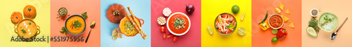 Photo Set of tasty soups on color background
