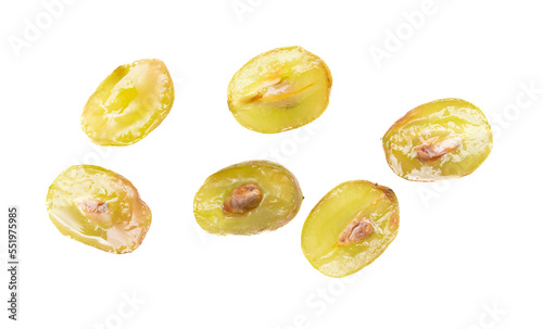 Cut green grape isolated on white background.