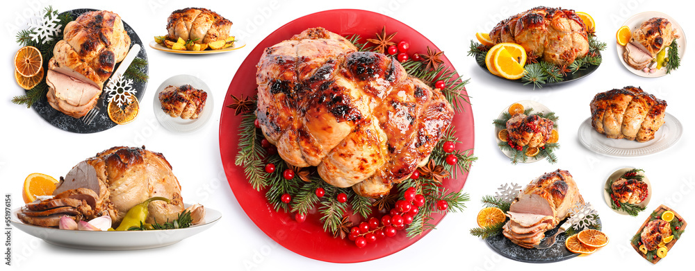 Set of tasty Christmas ham isolated on white Set of tasty Christmas ham isolated on white