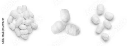 Collage of soft cotton balls on white background, top view photo