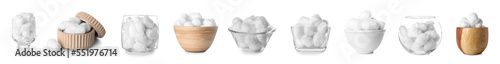 Collage of soft cotton balls in bowls on white background