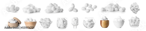 Set of soft cotton balls on white background