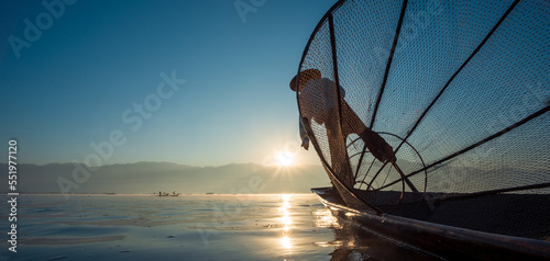 Fishermen in Inle Lake at sunrise, Shan State, Myanmar