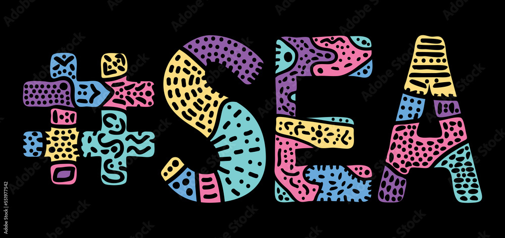 SEA Hashtag. Multicolored bright isolate curves doodle letters with ornament. Popular Hashtag #SEA for for holiday resort, outdoor recreation web resources, mobile apps.