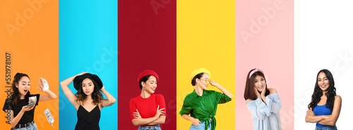 Set of different Asian women on colorful background
