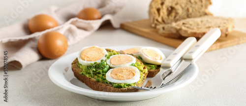 Tasty toasts with boiled eggs and avocado on light table