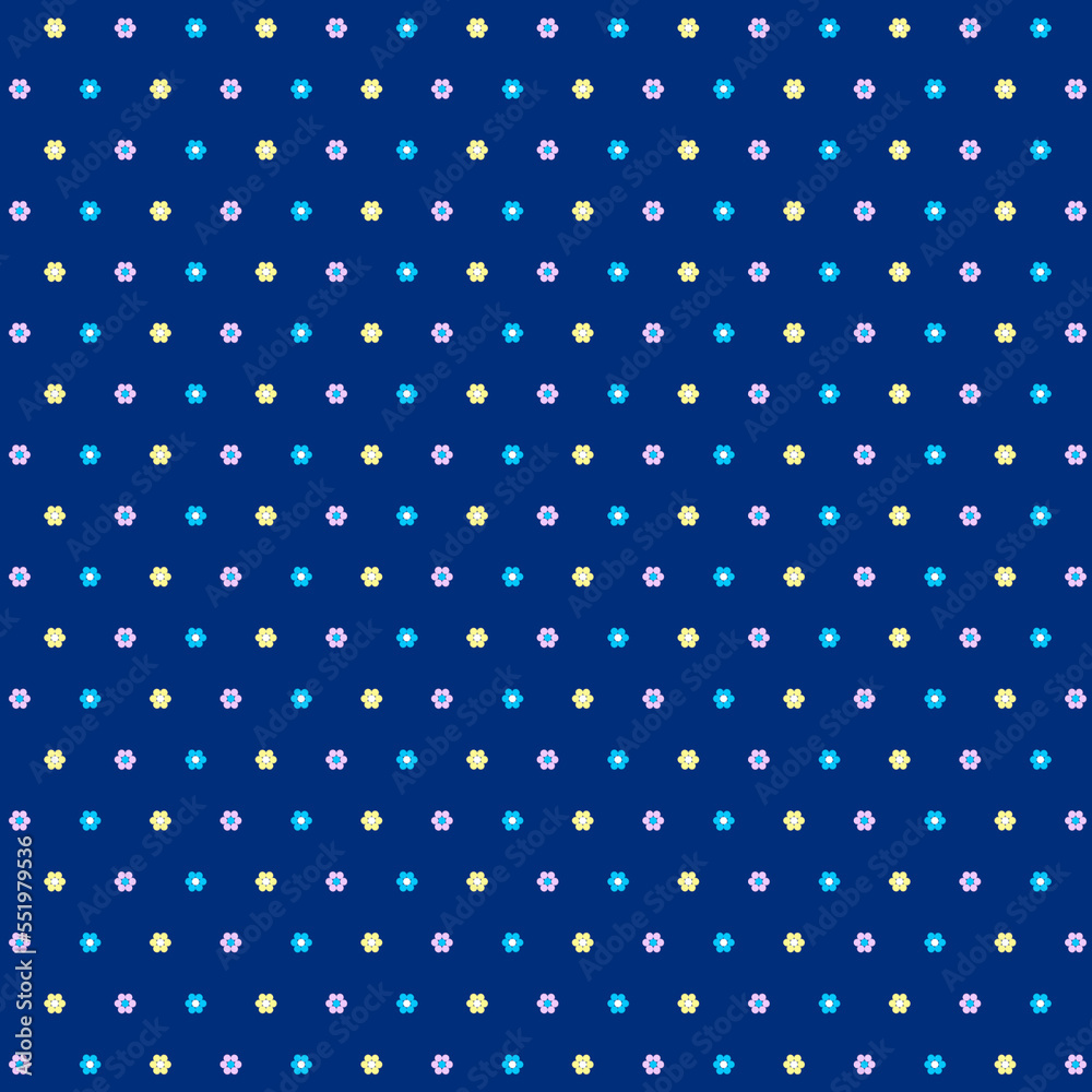 Simple Ditsy fabric pattern of small colorful flowers isolated on a dark blue background Flat lay design Simple Ditsy fabric pattern of small colorful flowers isolated on a dark blue background Flat lay design