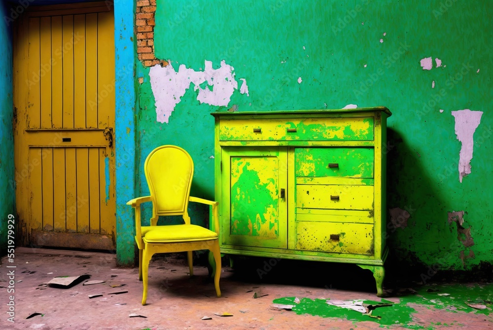 Old Interior room transformed into art with vintage wooden furniture