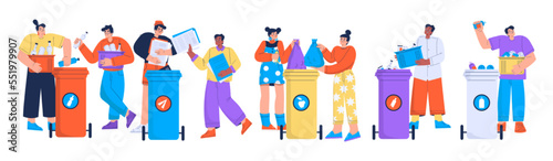 People sorting garbage for recycling. Responsible men and women throw trash and rubbish into separated dustbin containers for waste utilization. Environment eco concept Linear flat vector illustration