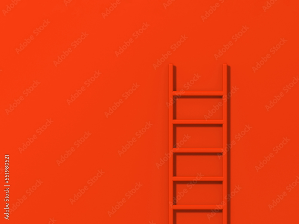 red staircase on red background. Staircase stands vertically near wall. Way to success concept. Horizontal image. 3d image. 3D rendering.