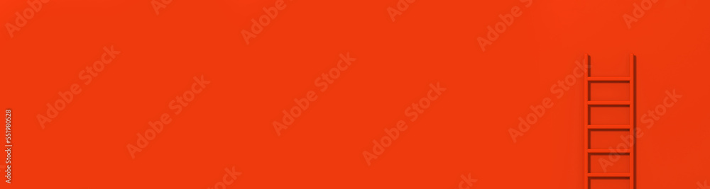 red staircase on red background. Staircase stands vertically near wall. Way to success concept. Horizontal image. Banner for insertion into site. 3d image. 3D rendering. red staircase on red background. Staircase stands vertically near wall. Way to success concept. Horizontal image. Banner for insertion into site. 3d image. 3D rendering.